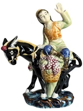 Vintage Porcelain Chinese Boy On A Donkey w/ a Bushel Of Grapes Marked VF Cond.