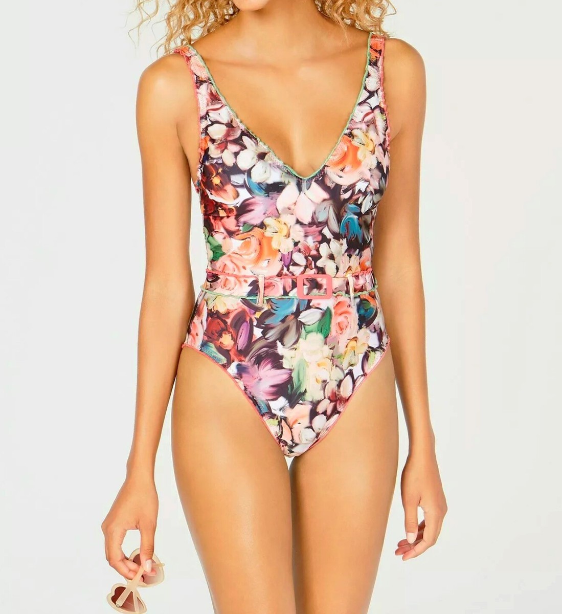NWT Becca Cami One Piece Swimsuit Floral Belted Bathing Suit SZ L $148