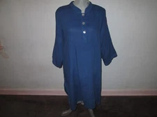 MATCH POINT Blue Linen Semi-Long Tunic Top w/ Adjustable Roll-Tab Sleeves Size M