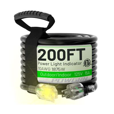 200 Ft 10/3 Black Outdoor Extension Cord Waterproof Heavy Duty 10 Gauge 3 Pro...