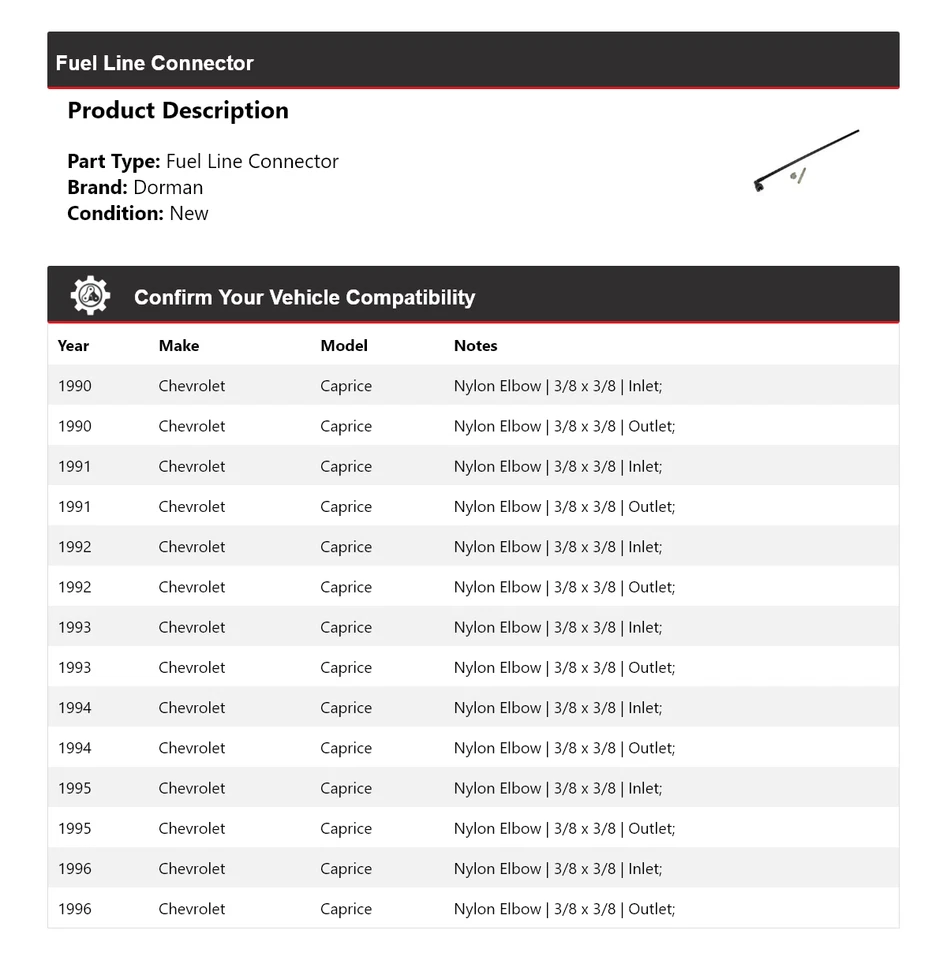 Conector de línea de combustible para Chevrolet Caprice Dorman 1990-1996 1991 1992 1993 1994 Foto 2 de 4