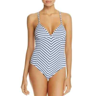 Splendid X6467 Womens Stripes Criss Cross One-Piece Swimsuit, White, L