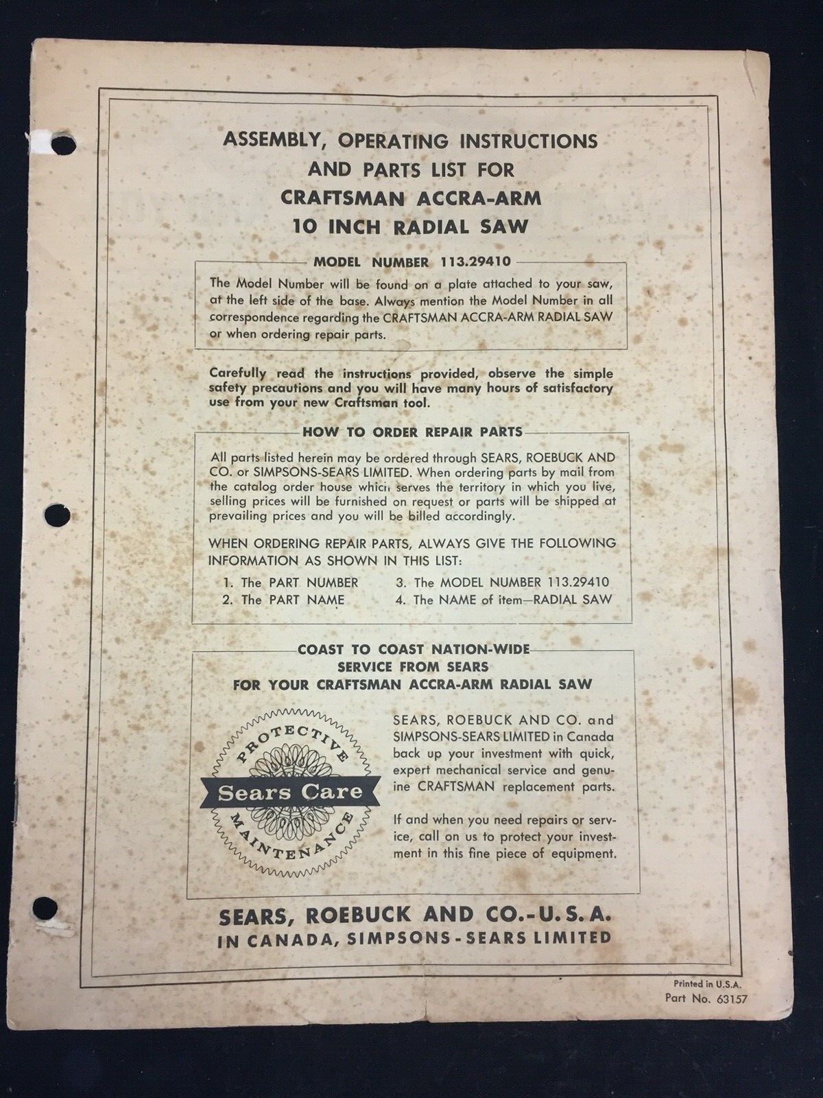 1957 SEAR CRAFTSMAN 113.29410 ACCRA-ARM 