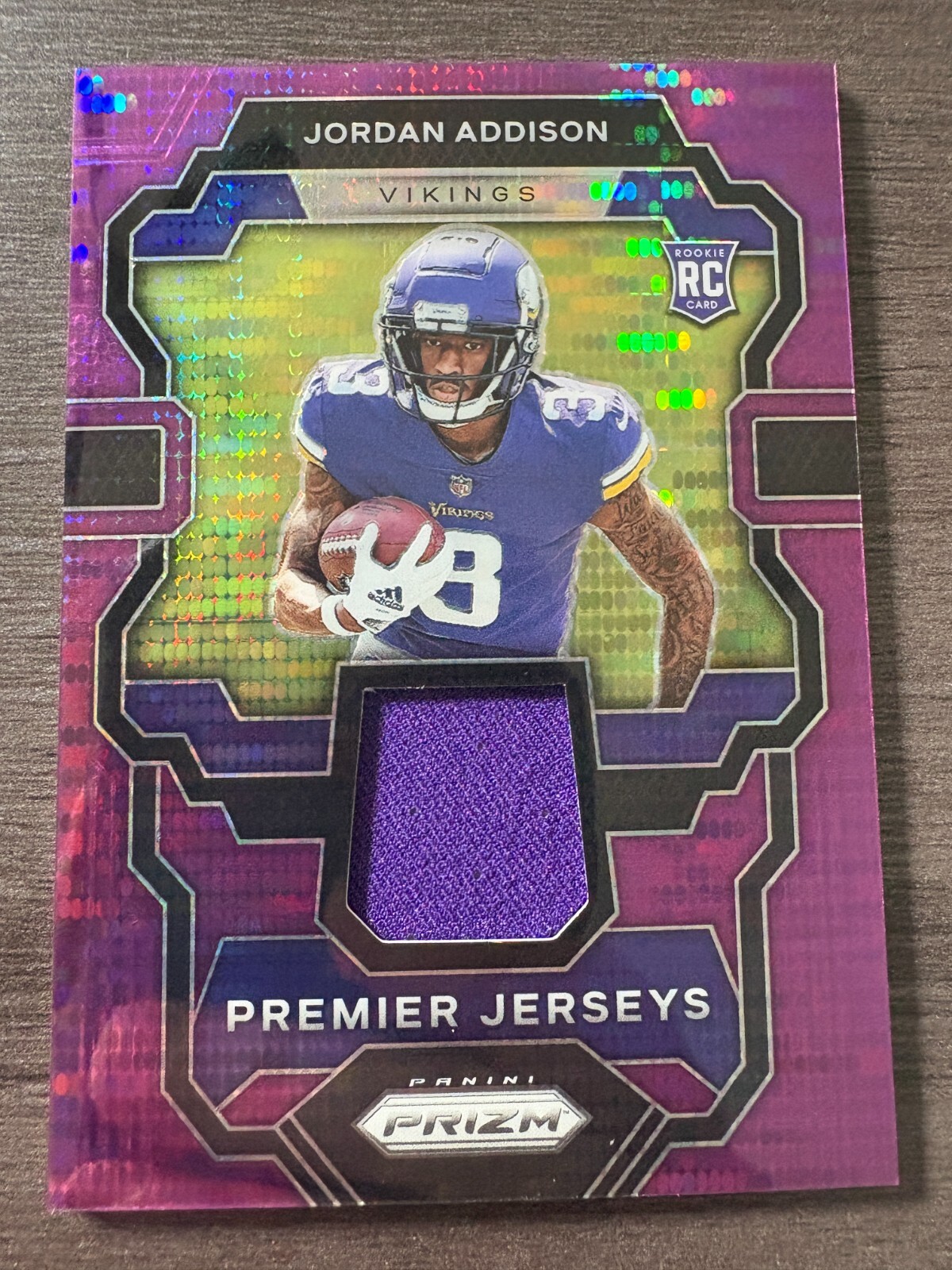 2023 Panini Prizm Jordan Addison Rookie RC Premier Jersey Relic Purple Pulsar