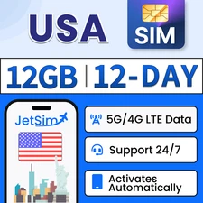 United States SIM Card - 12GB High-Speed, 12 Day-T-Mobile-Verizon/Travel SIM