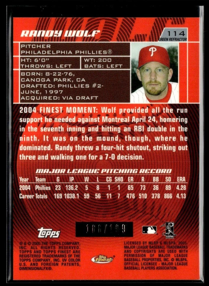 2005 Finest Refractors Green Randy Wolf /199 Philadelphia Phillies #114 - Image 2 of 2