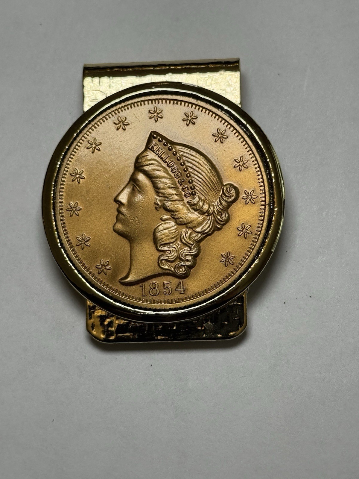 Vintage Money Clip With 1854 Liberty Head Replica Coin Kellogg & CO Made In USA-image