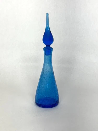Vintage Pilgrim Glass #23 Blue Crackle Glass 10" Decanter wStopper Blenko Style