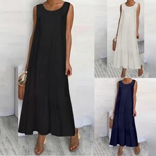 Women's Solid Cotton Linen Sleeveless Vest Dress Ladies Casual Loose Dresses