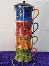 Set of 4 RETRO OWL MUGS Hand Painted PIER 1 Stoneware MULTI COLOR Stackable 