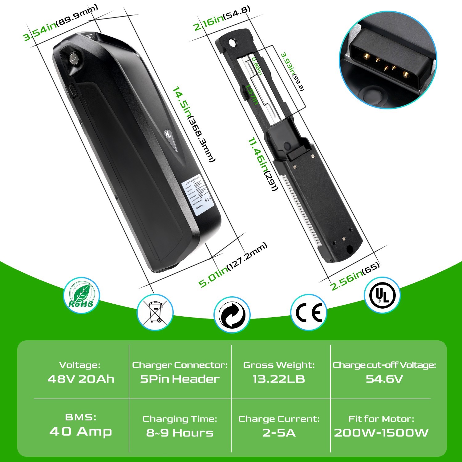 Ebike Battery 52V 48V 36V 10Ah 15Ah 20Ah Electric BiKE Scooter Battery Black