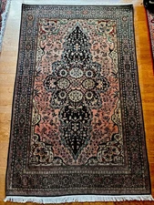 400 KPSI Antique Ferahaan- Rug, C. 1890-1910 4 x 6 Pale Rose Navy Blue-green Tan