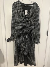 EXPRESS LONG SLEEVE Black and White TWIST FRONT MIDI DRESS Lined Large Hi-Lo NWT