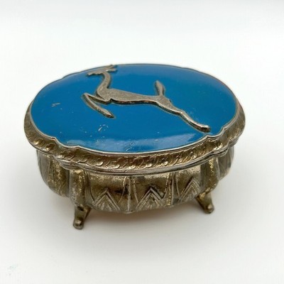 Jewelry Casket Trinket Box with Deer Gazelle Blue Enamel Vintage Mid-Century