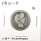 1911 S US Barber 90% Silver Quarter 25c G Good Details Free Shipping