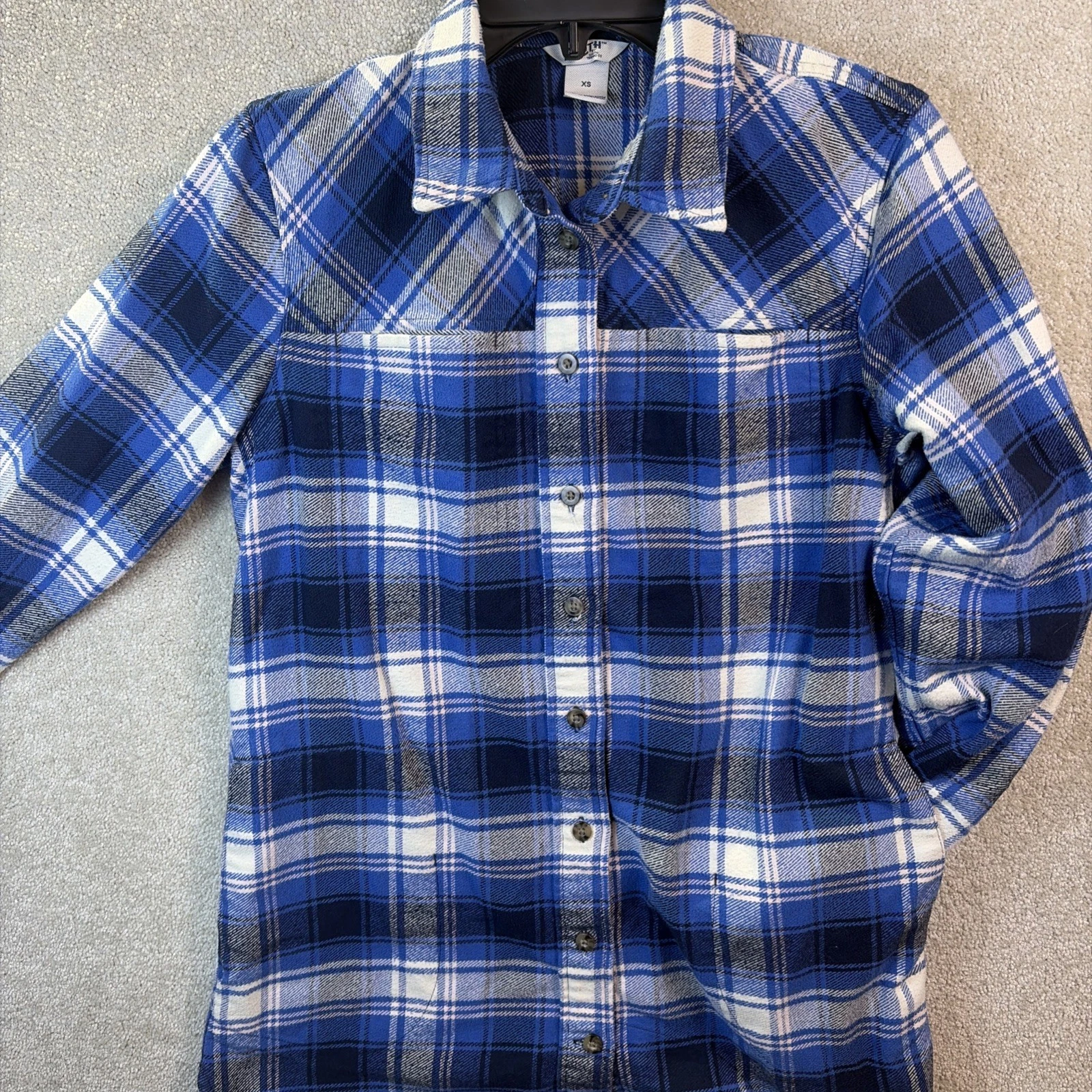 Duluth Trading Co Flannel Shirt Women XS Blue Plaid Free Swingin' Tunic Pockets