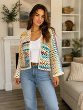 Vintage Granny Square Crochet Patchwork Cardigan in Earth Tones