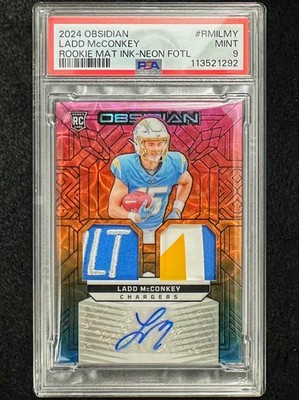 2024 Obsidian Ladd McConkey Rookie Materials Ink patch auto neon FOTL /6 PSA 9