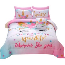 JQinHome Unicorn Queen Bedding Sets for Girls Kids,8 Piece Bed in A Bag 3D Co...