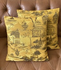 Golden Yellow 2 Oriental Design Chinoiserie Cushion Covers pavilions trees