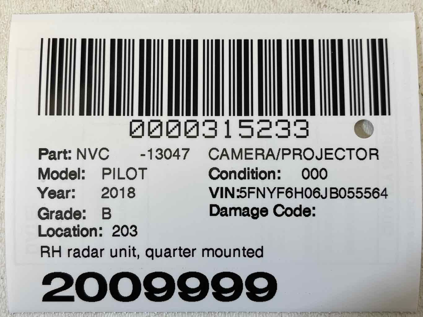 FITS 2016 - 2019 HONDA PILOT Blind Spot Module Right Quarter Mounted OEM