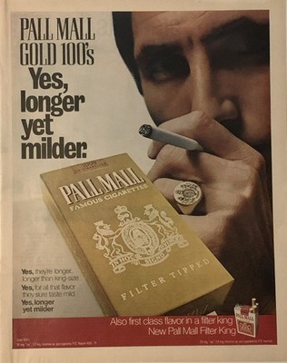 1972 Pall Mall Gold 100s Cigarettes PRINT AD Longer Yet Milder VTG 70s Man Smoke