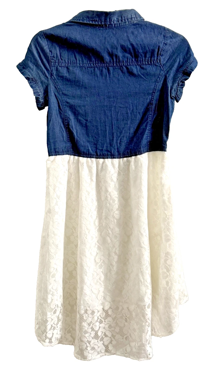 Guess Dress Girls Kids Size 16 Denim Blue & White Lace Dress short Sleeve NWT