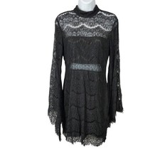 Lulus Black Lace Bell Sleeve Mock Neck Mini Dress Rose Gold Zipper Medium vamp
