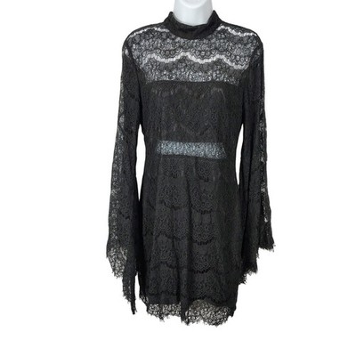 Lulus Black Lace Bell Sleeve Mock Neck Mini Dress Rose Gold Zipper Medium vamp