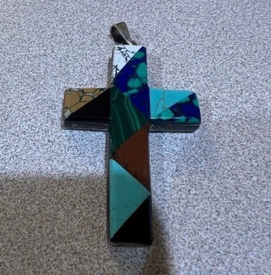 Native American Silver Multicolor Inlay Cross Pendant