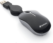 Mini Travel Optical Mouse, USB, Retractable Cable, Black