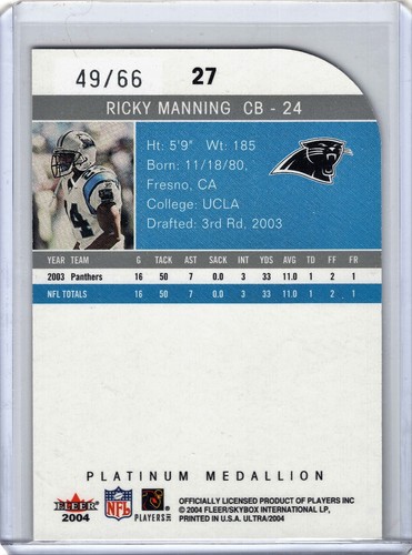2004 RICKY MANNING ULTRA PLATINUM MEDALLION SSP 49/66 UCLA/CAROLINA PANTHERS - Picture 2 of 2