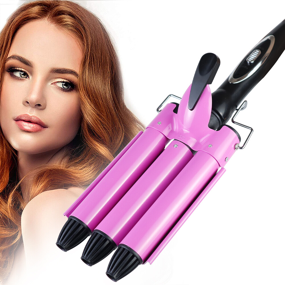 Hair Salon Ceramic 3 Triple Barrel Hair Wave Waver Curling Iron Curler Wand Pink