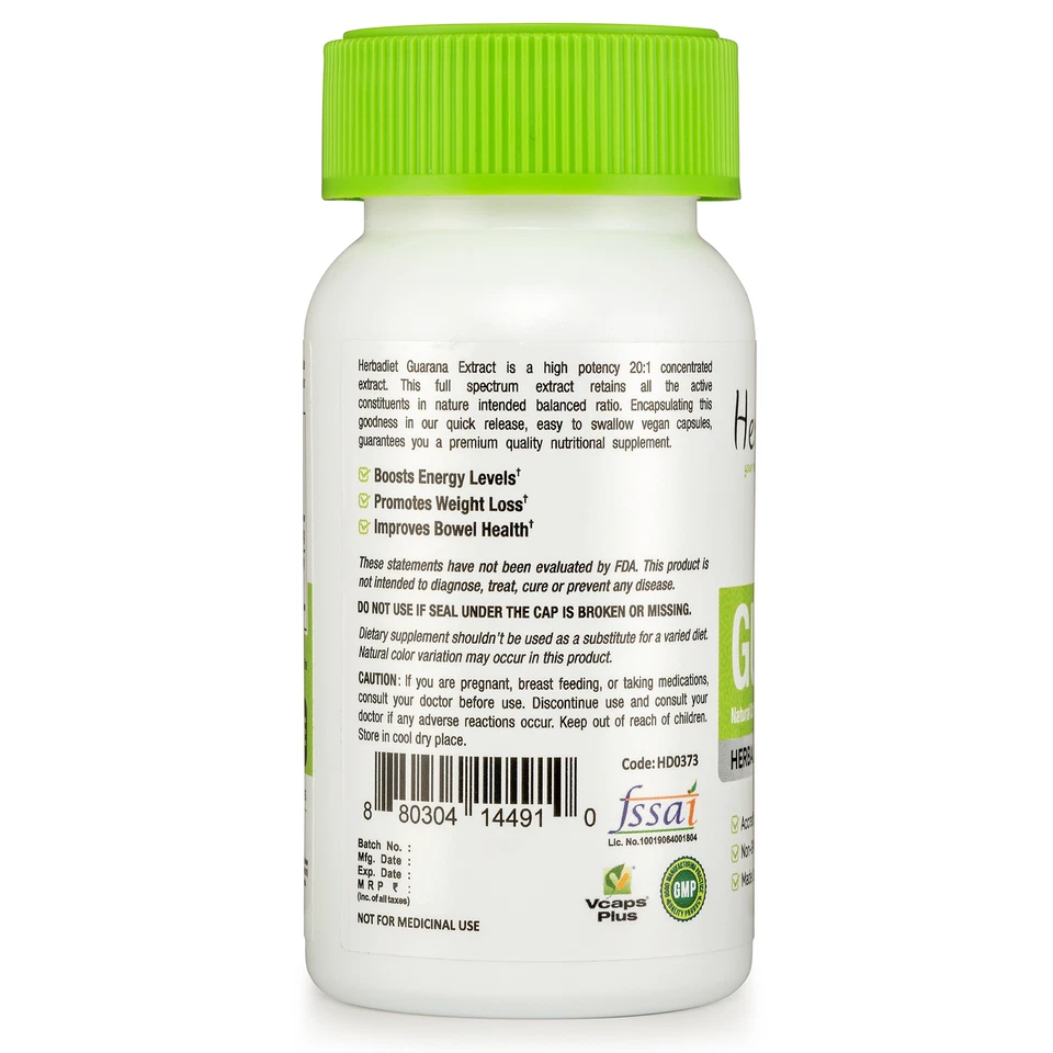Extracto de Guaraná Vegetal 300mg Cápsulas Potenciador de Energía Natural Estimulante Pérdida de Peso Foto 3 de 4