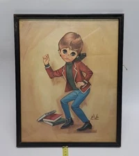 Vintage Art Print BIG EYES by EVE Framed Under Glass 15" x 12" 1960s
