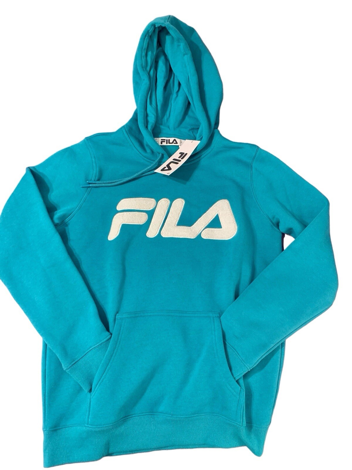 FILA Felpa con Cappuccio Donna Tg M Teal Tasca Canguro NUOVA Coulisse Pullover Logo LEGGI