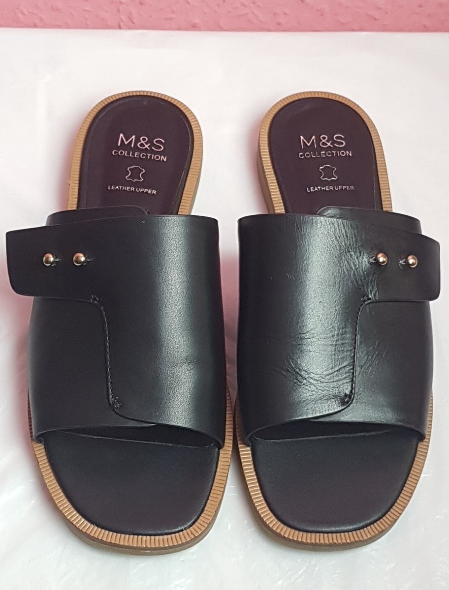 M&S BLACK LEATHER OPEN TOE FLAT STUD DETAIL SLIDER SANDALS