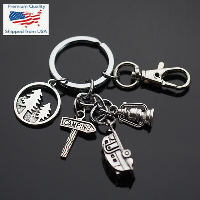Trailer Camper Camping RV Forest Pine Tree Lantern Charm Keychain Key Chain Clip