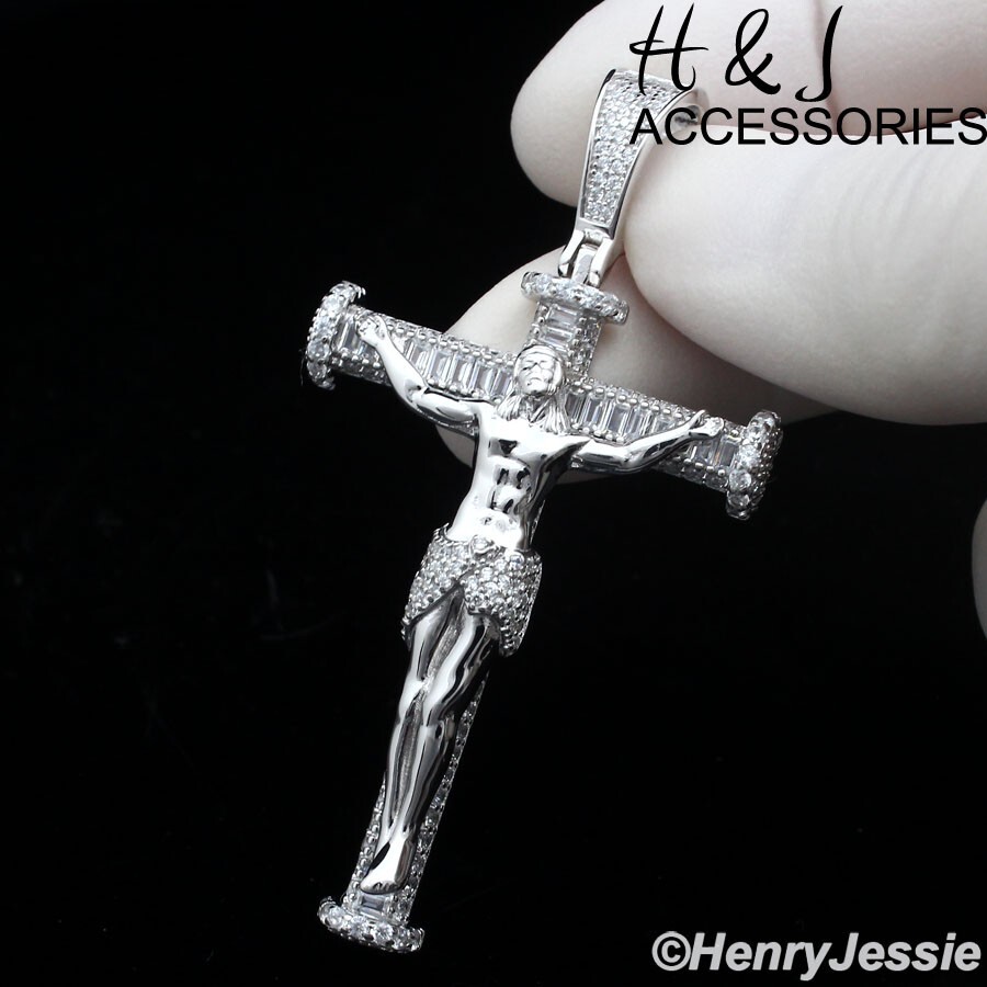 MEN SOLID 925 STERLING SILVER ICY BLING CZ 3D JESUS CHRIST CROSS ...