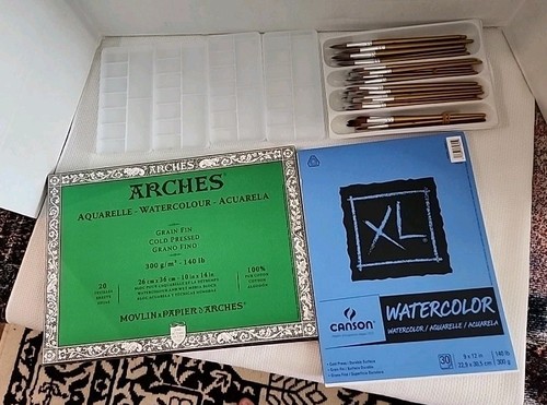 Art Set  Arches,  Canson  Watercolor Paper, Brushes, Watercolors, Trays Preowned