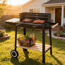 Image of Charcoal BBQ Grill Smoker Trolley Portable Outdoor Garden Barbecues Grill Wheels