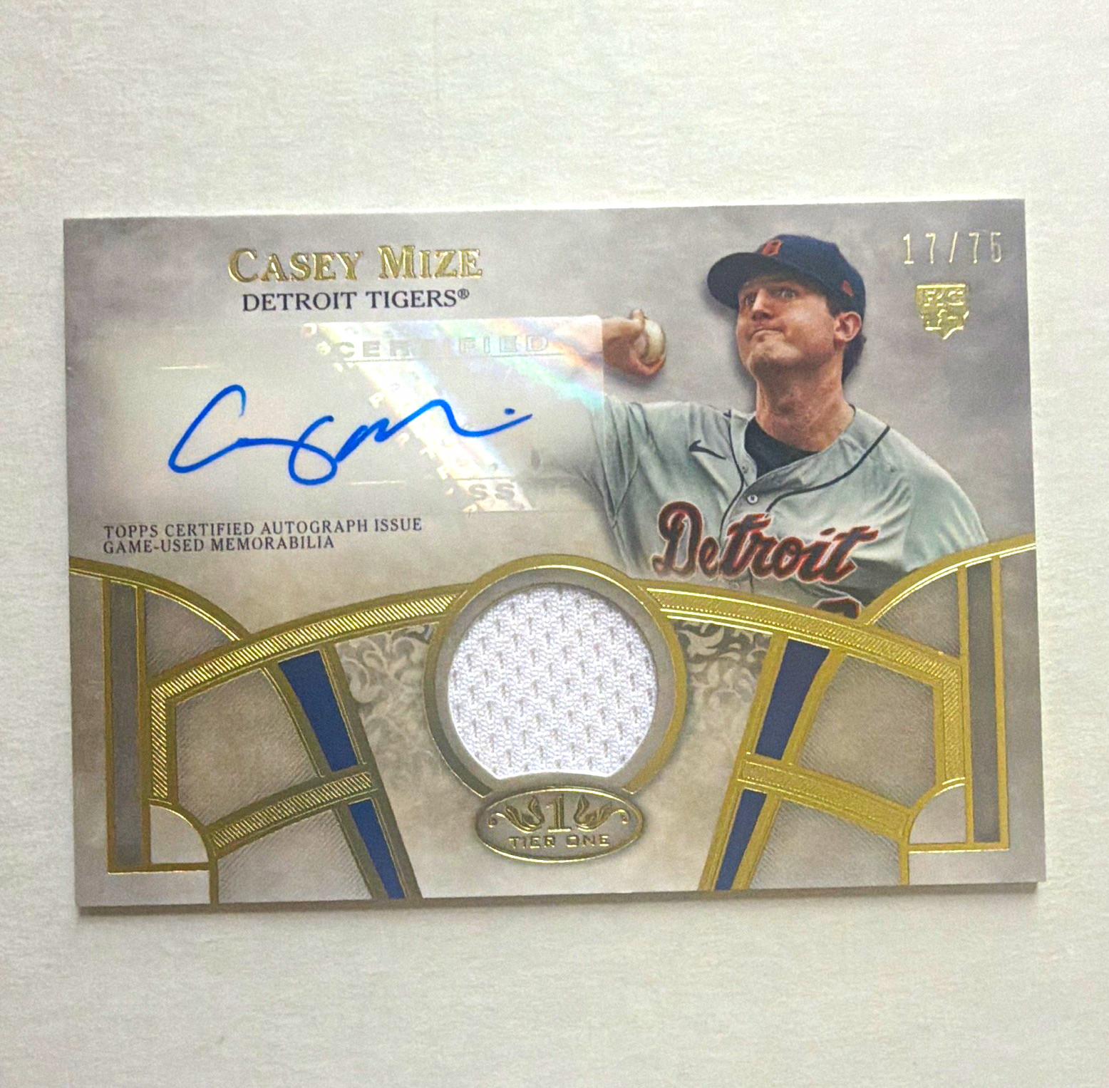 Topps 2021 Tier One Casey Mize Tigers auto relic RC T1AR-CM 17/75 insert