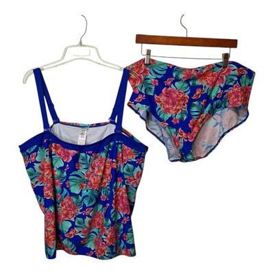 Beach to Beach Womens 24 Two Piece Swimsuit Blue Floral Un Padded Convertible