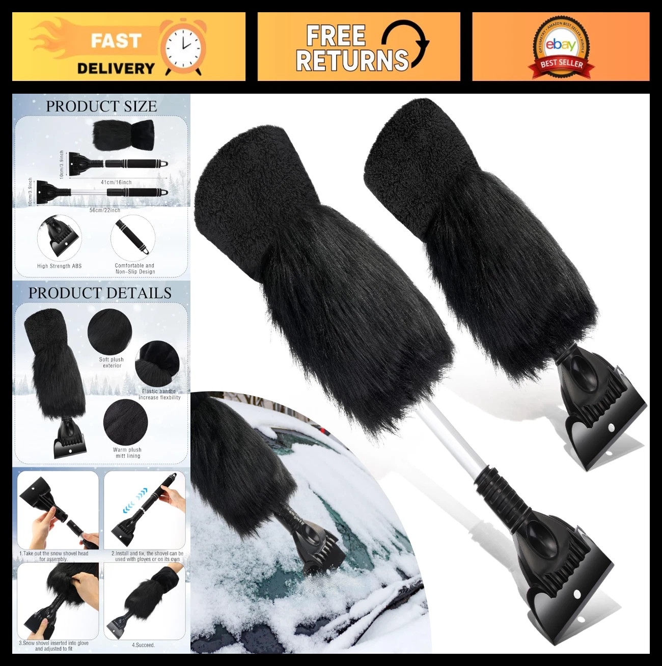 2 Pcs Retractable Ice Scraper & Faux Fur Glove Set for Car Windshield Snow Remov
