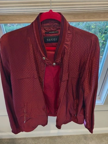 Gucci Red Monogram Bomber Jacket Satin Polyester Full Zip Men’s XL - product listing photo