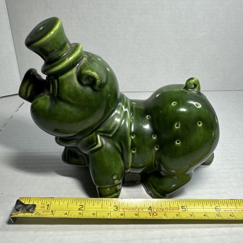 Vintage MCM Ceramic Pig Toothpick Holder Green Glossy Finish So Cute W/ Top Hat - Picture 12 of 12