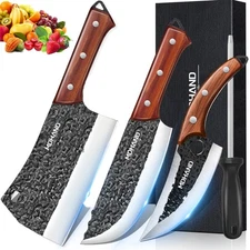 3PCS Butcher Knife Set Hand Forged kitchen Knife Heavy Duty Bone Chopper Cleaver