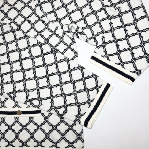 Talbots V-Neck Cardigan 3X Black White Medallion Lattice Jacquard Gold Buttons - Picture 4 of 11