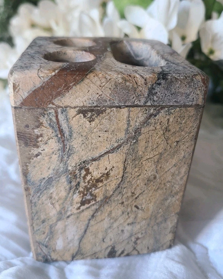 Tocador de baño de mármol genuino marrón tostado 2 soporte para cepillo de dientes/pasta de dientes Foto 2 de 4