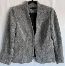 Ann Taylor Blazer Women 4Petite Black Tweed Open front Jacket Pocket Long Sleeve